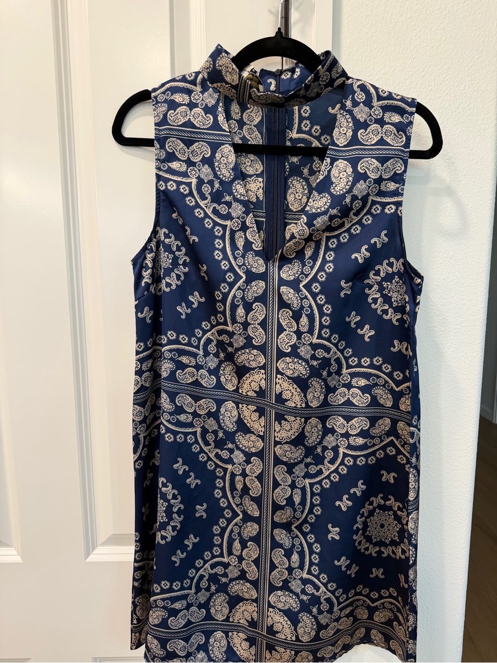 Handcrafted Navy and White Paisley Zip Dress